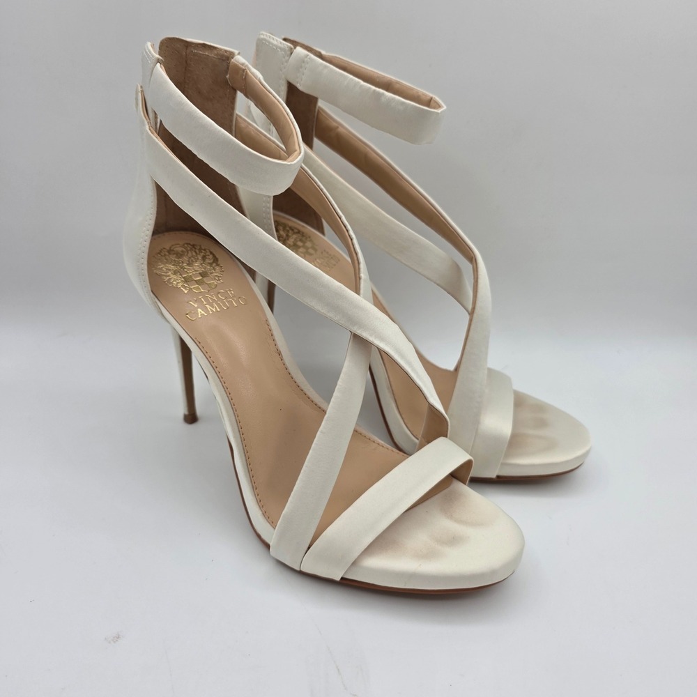 Vince Camuto Devinhara Milk‎ Satin Strappy Stiletto Sandals Heels 7.5M VC8085